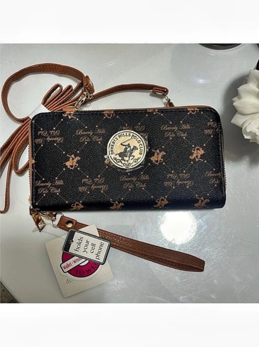 Beverly Hills Polo Club Monogram Cell Phone Crossbody Wallet Black & Brown